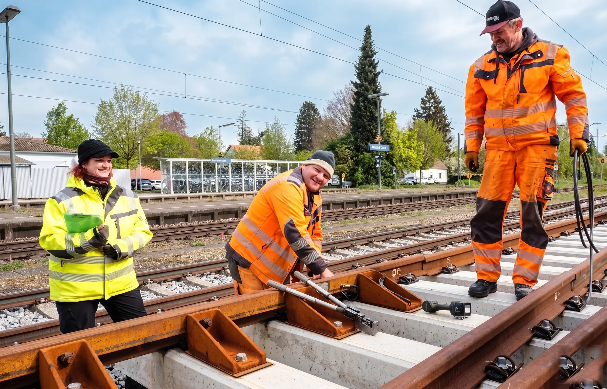 Team von GS Erdungen-Vermaschungen bei der Arbeit am Gleis